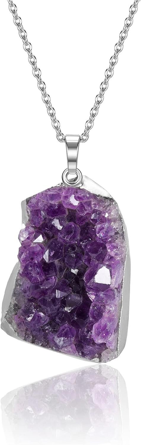 Jovivi Natural Raw Amethyst Crystal Healing Pendant Necklace